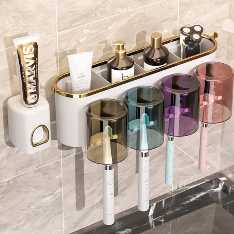 

Bathroom Storage Rack Wall Mounted Hanging Toothbrush Cup Holder Organizer - White / 4-Cup+Dispenser