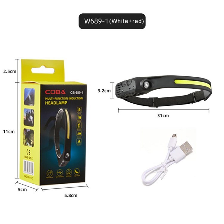 

LED -scheinwerfer USB Wiederaufladbar Campinglicht Außen -wasserdichtungssensor Kopflicht - W689-1 / Weiß+rotes Licht