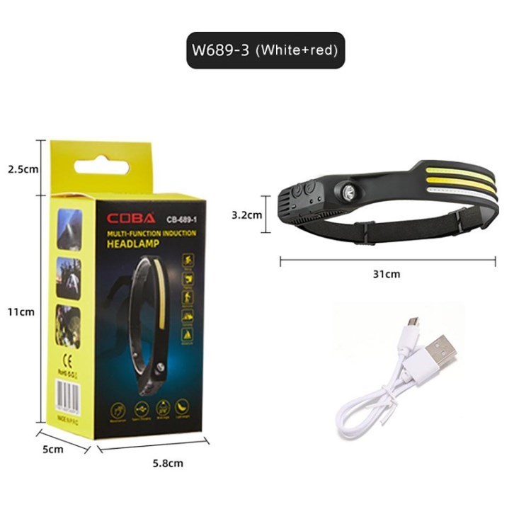 

LED -scheinwerfer USB Wiederaufladbar Campinglicht Außen -wasserdichtungssensor Kopflicht - W689-3 / Weiß+rotes Licht
