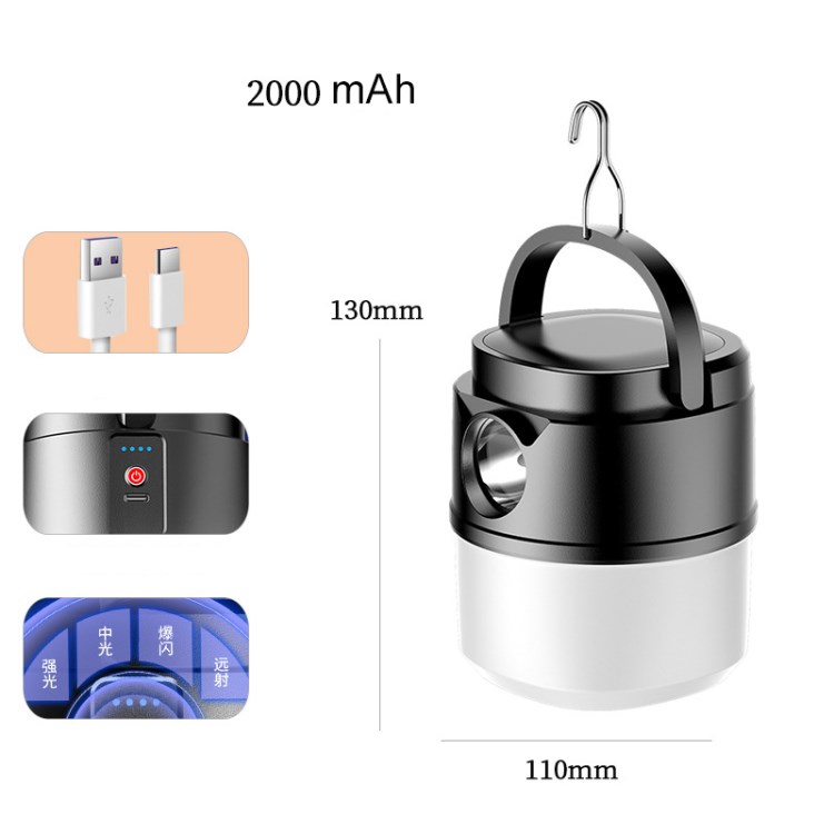 

Outdoor Camping Lampe Notfallzeltlicht Wanderfischerei Nachtleuchte - Schwarz / 2000mah / Solar-