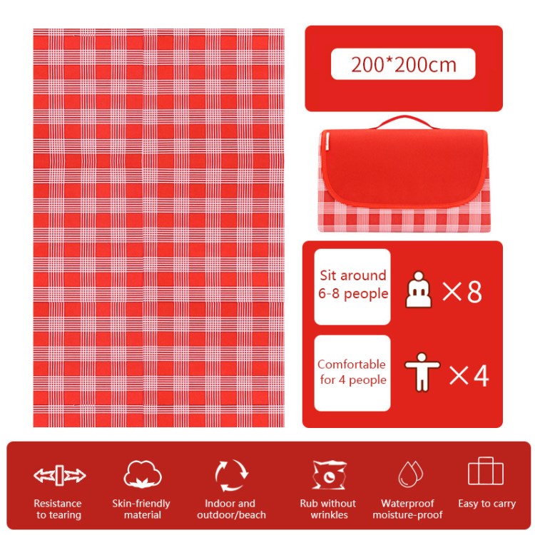 

200x200 cm Picknickmatte Wasserdichte Campingmatte Tragbares Feuchtigkeitsdichtes Kissen - Rot