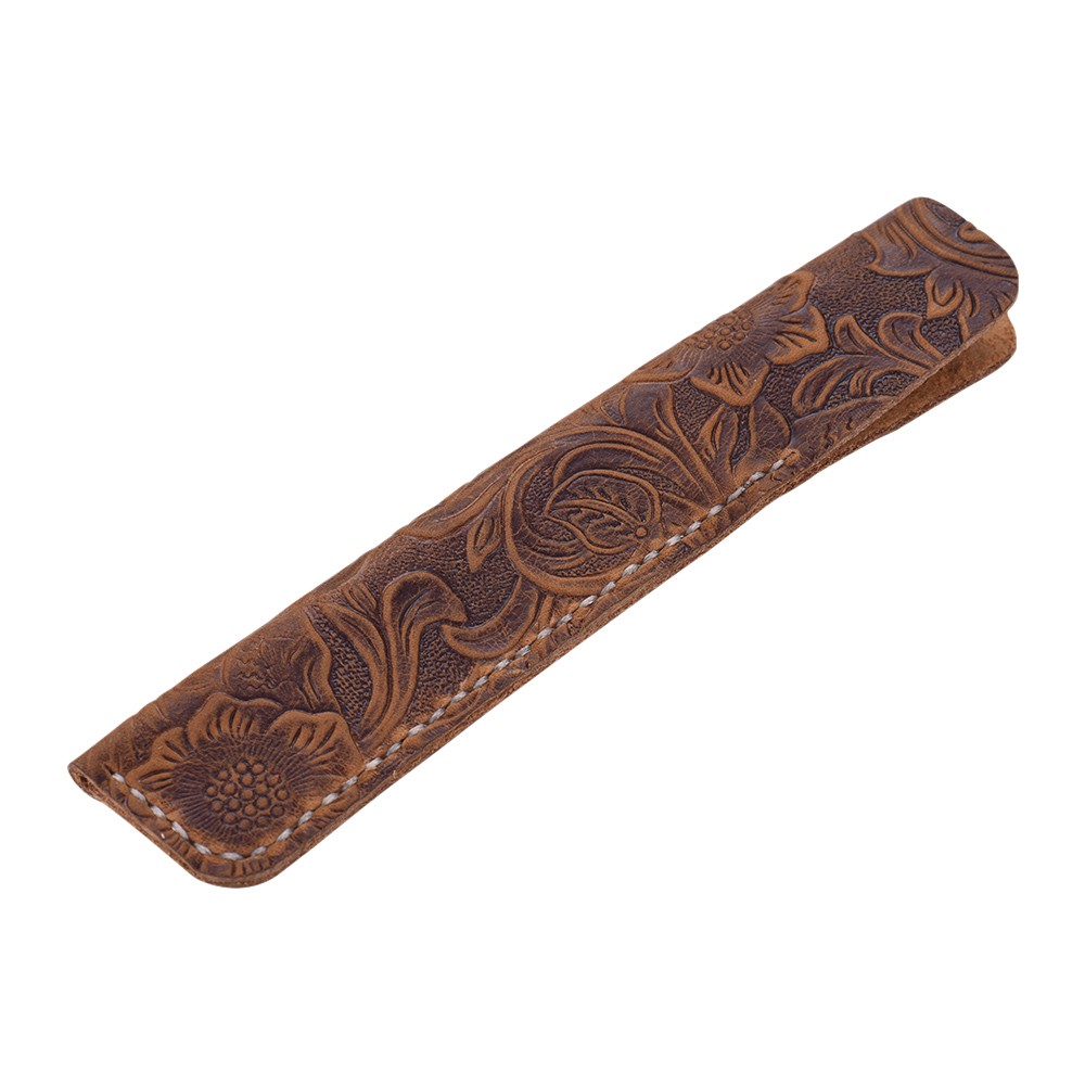 

Leather Pen Case Fountain Sleeve Bag Vintage Pouch for Single Pen Stylus Ballpoint - Brown Carving