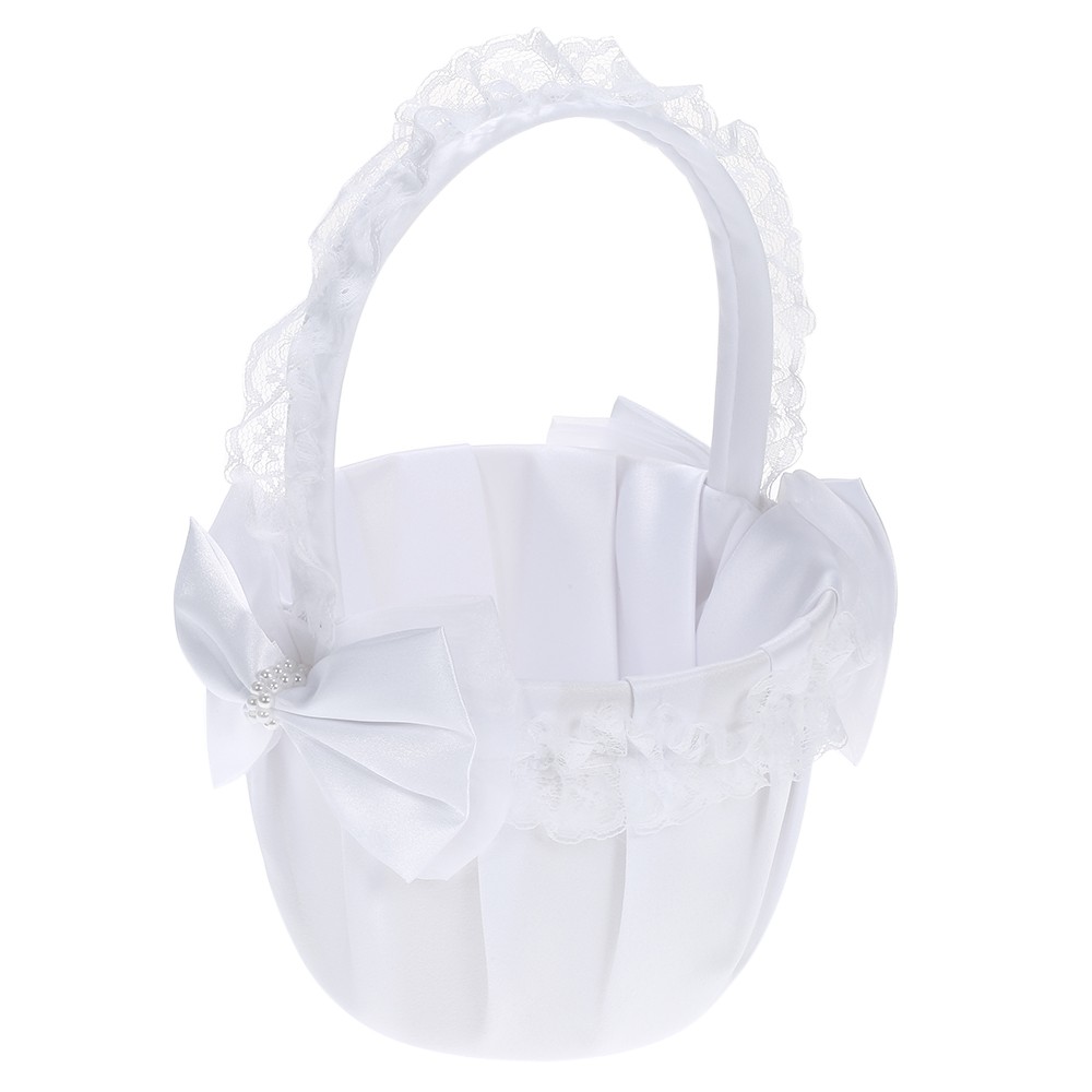 

White Satin Lace Wedding Supplies Flower Girl Basket with Bowknots Decoration