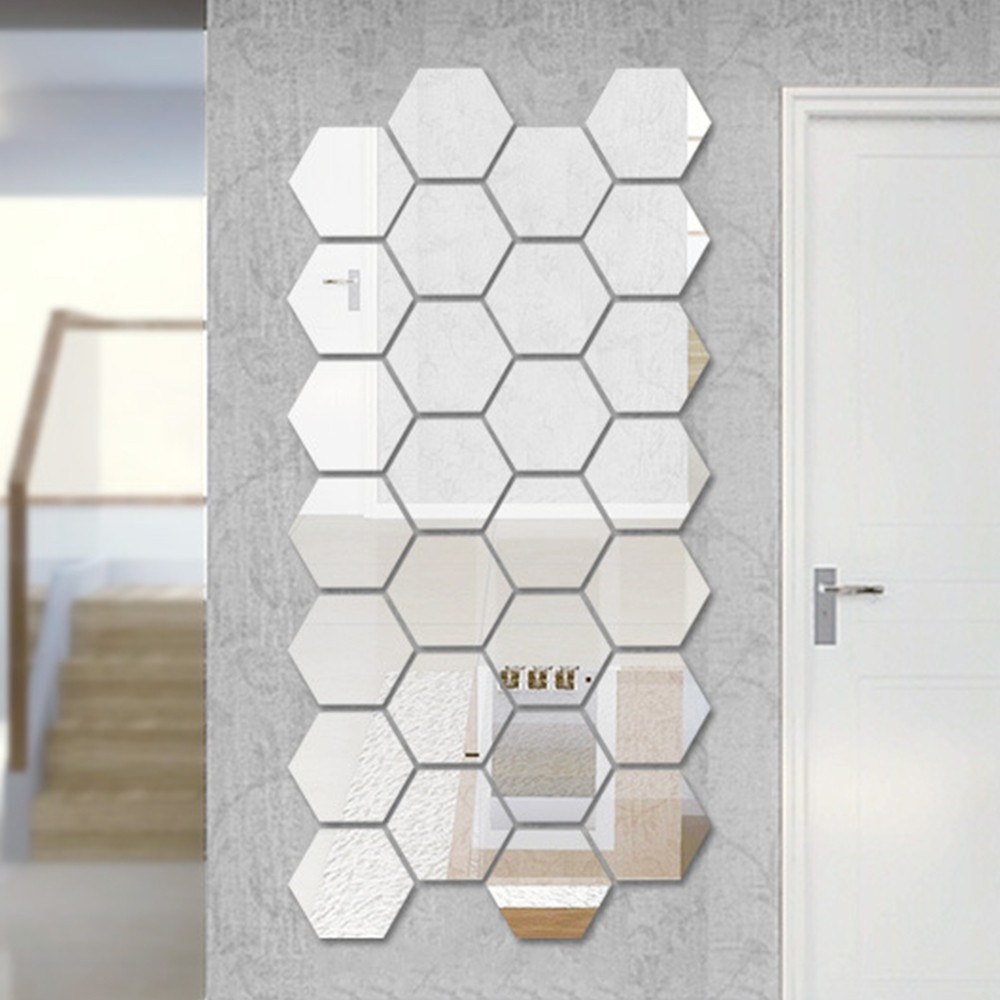 

12Pcs/Pack Stylish 3D Hexagon Acrylic Mirror Wall Stickers DIY Art Decoration Mural Stickers Home Decor Living Room Mirror Sticker Decorative - Silver/Size: L/18.4x18.4cm