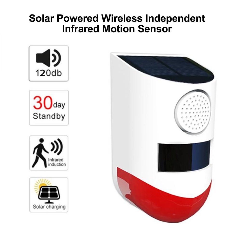 

Solar Powered Wireless Independent Infrared Motion Sensor Detector Strobe Siren 120dB Alarm Waterproof PIR Sensor