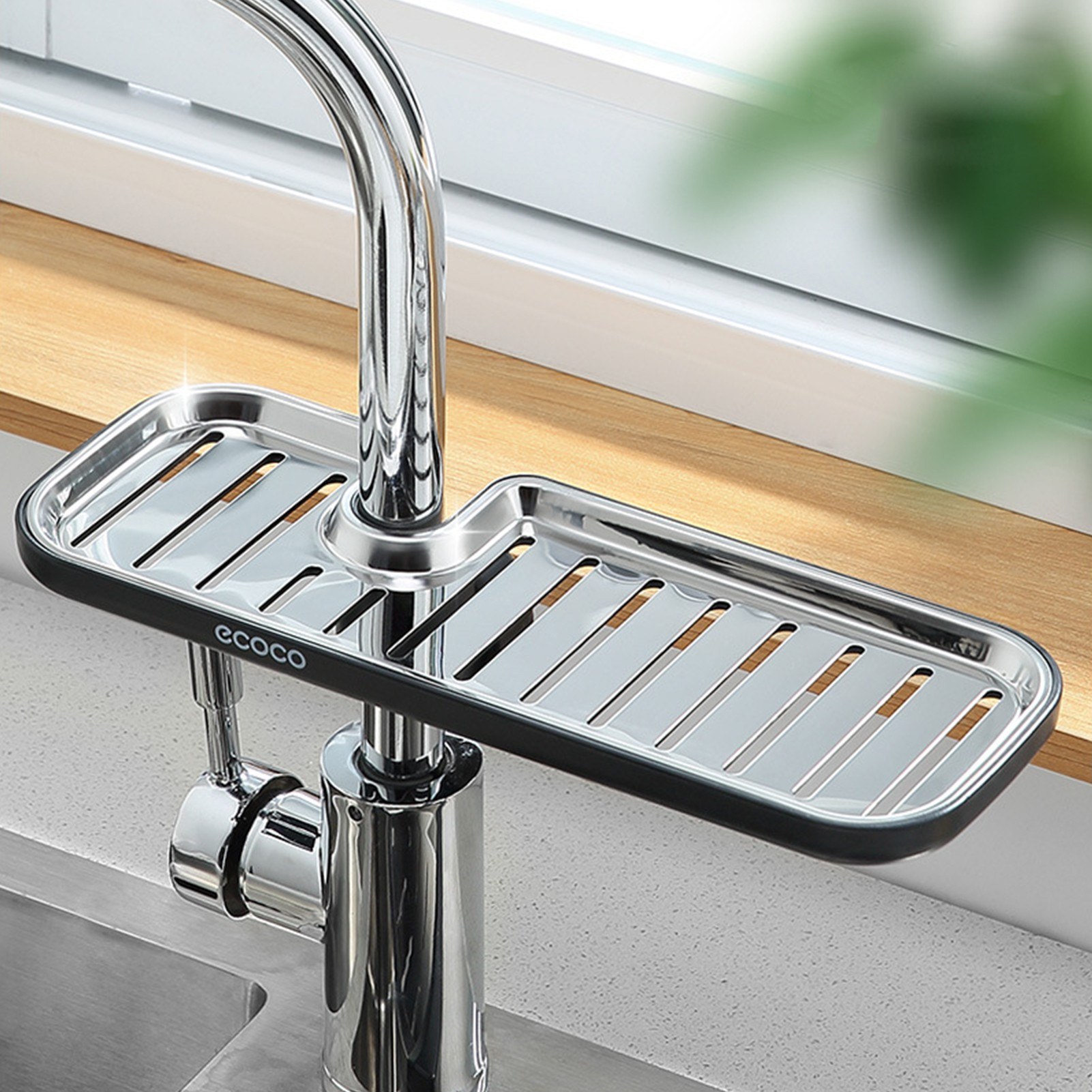 

ECOCO Stainless Steel Holder Sponge Brush Soap Storage Rack Tray Drainer Shelf - Black/Long