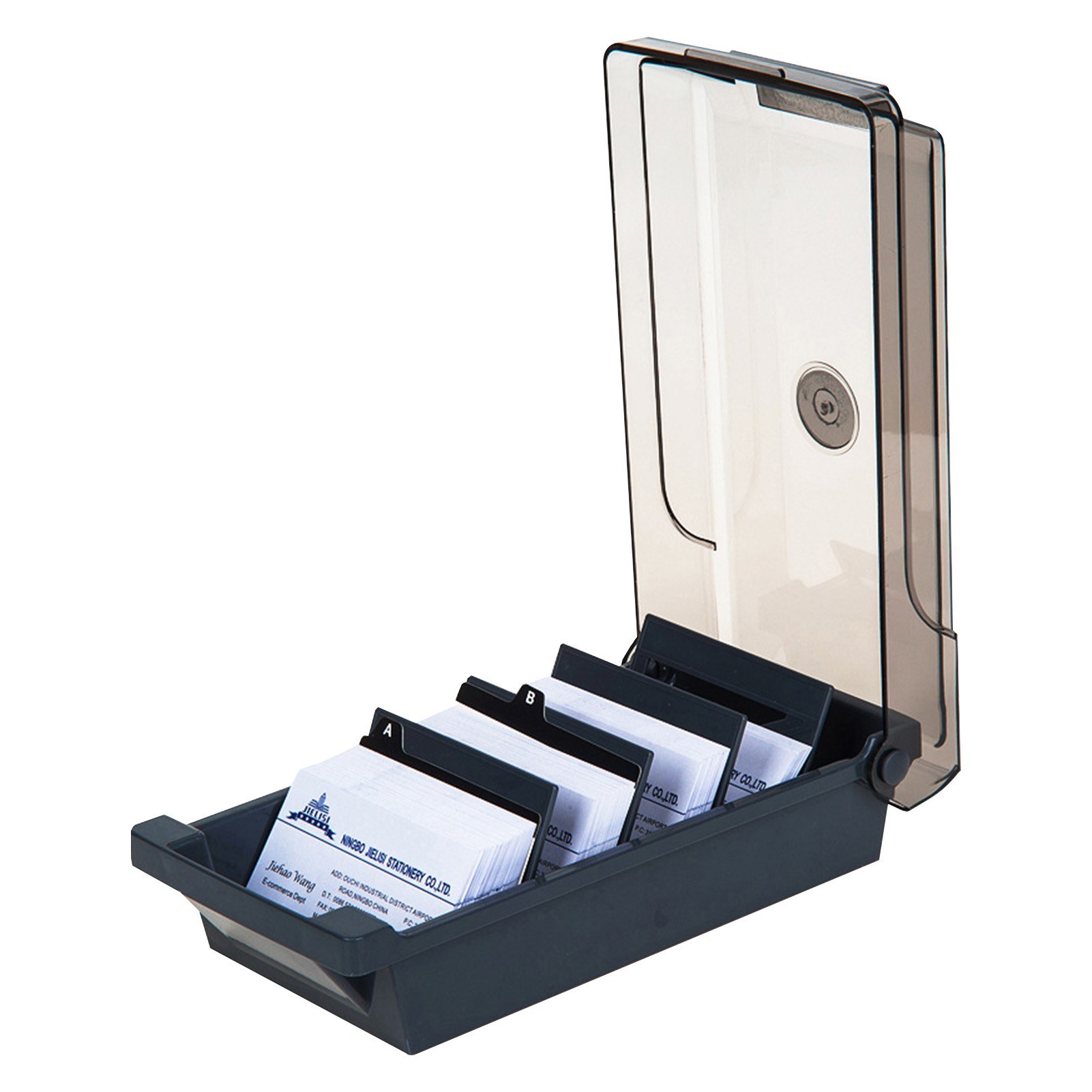 

JIELISI Name Card Box Business Transparent Card Holder for Desk With Dividers and Index Tabs(500 Cards Capacity)